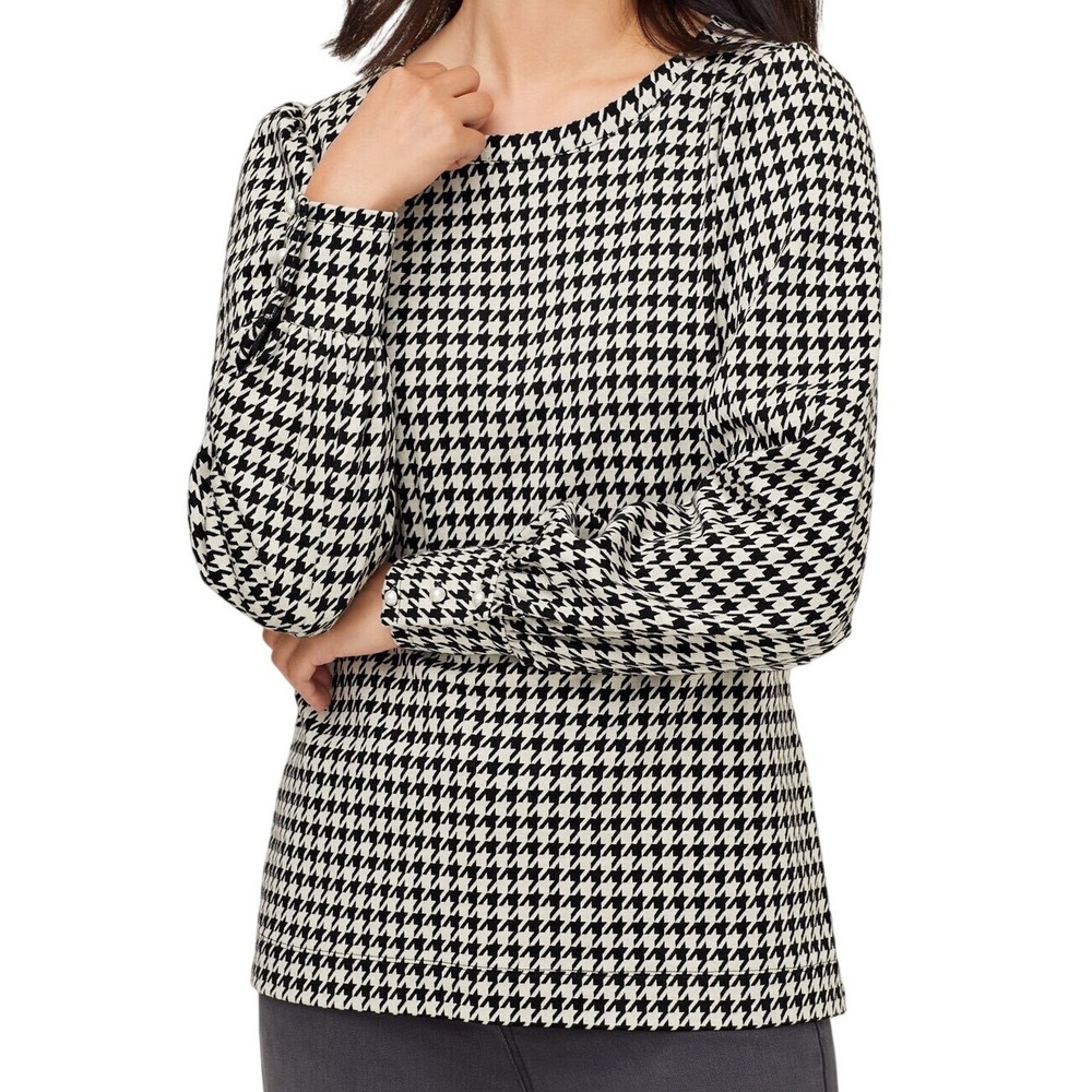 Talbots Women's Houndstooth Puff Sleeve‎ Pearl Button Cuff Knit Top Size XL